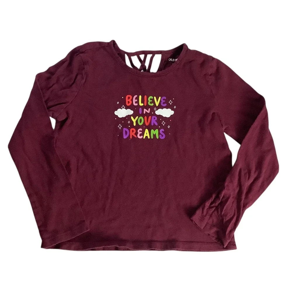 Old Navy‎ Girls Burgundy Graphic Shirt Size M Long Sleeve Lattice Back Shirt